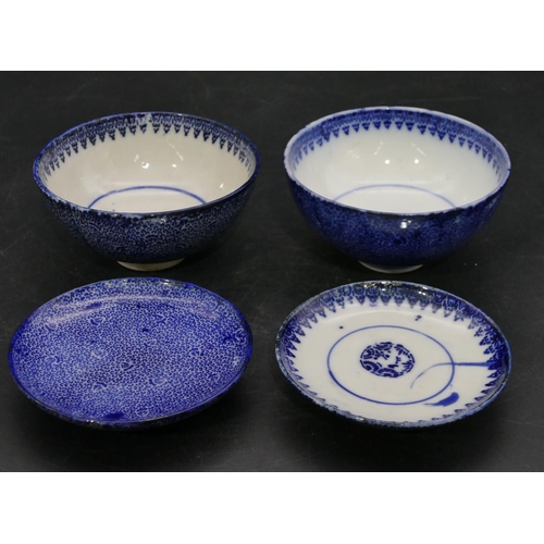 70 - 2 Oriental round lidded bowls on blue and white ground, 11cm diameter. (4)