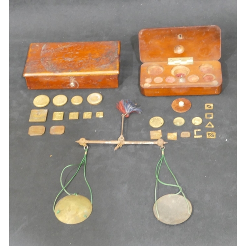 706 - A set of W & T Avery scales with weights, boxed, a 19th century mahogany box containing some weights... 