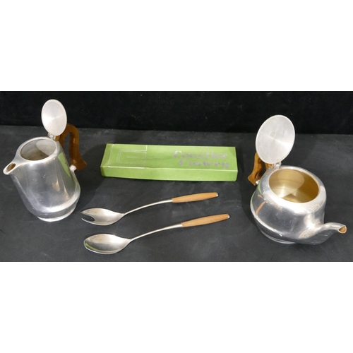 745 - A Picquot ware stainless steel teapot and hot water jug, a pair of Courtier salad servers, boxed (3)