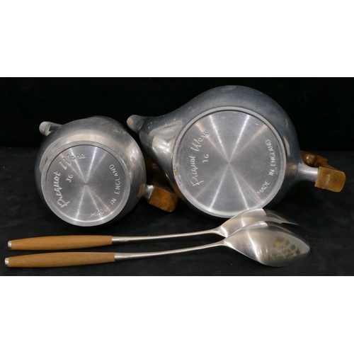 745 - A Picquot ware stainless steel teapot and hot water jug, a pair of Courtier salad servers, boxed (3)