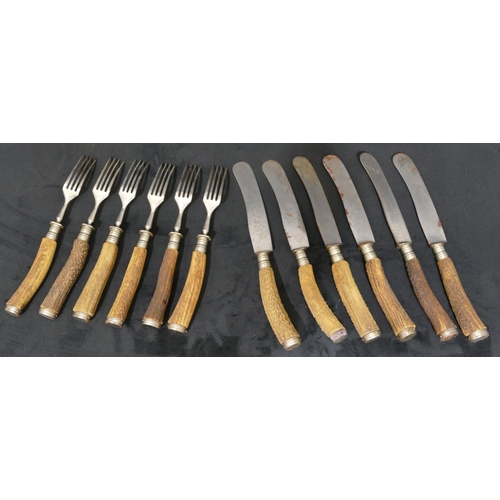 746 - A set of 6 Anton Wingen, Solingen horn handled dinner knives and 6 matching forks