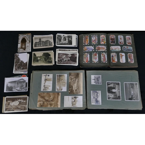 750 - A postcard and photograph album, a small quantity of loose postcards and an album of cigarette cards