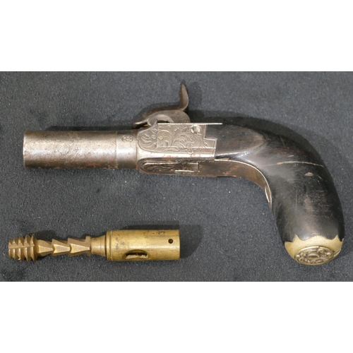 756 - A 19th Century Belgian pocket pistol, ebony handle with engraved decoration, circa 1840's, in later ... 