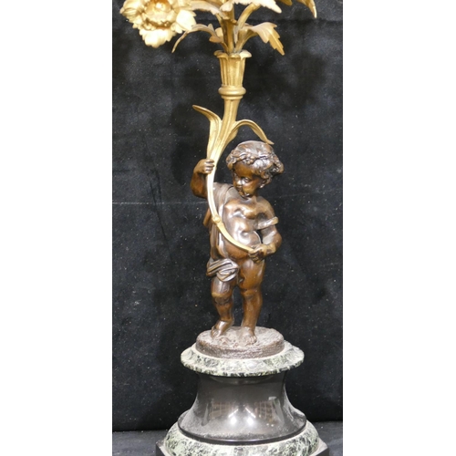 760 - A pair of 19th Century bronze and ormolu candelabras in the form of cupids with allover raised flora... 