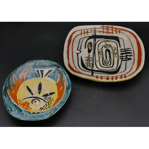 77 - A Studio Pottery square shallow dish with abstract decoration, 28cm wide and a similar oval dish. (2... 