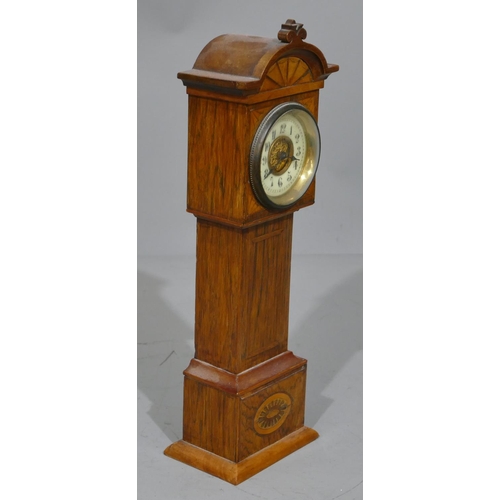 773 - A miniature table top longcase clock with allover marquetry and inlaid decoration, cream chapter rin... 