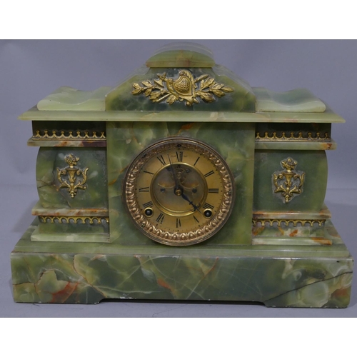 774 - An Ansonia 8-day striking green onyx mantel clock with raised gilt metal mounts, gilt dial with visi... 