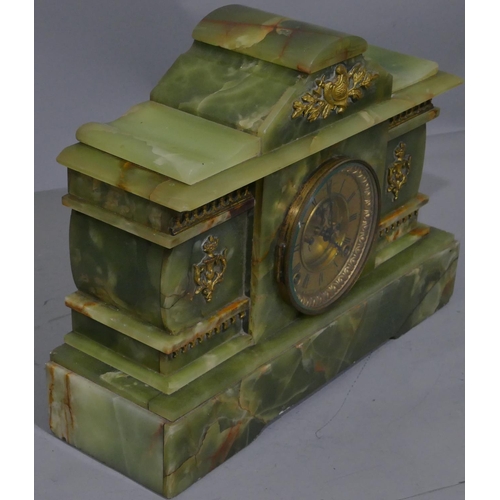 774 - An Ansonia 8-day striking green onyx mantel clock with raised gilt metal mounts, gilt dial with visi... 