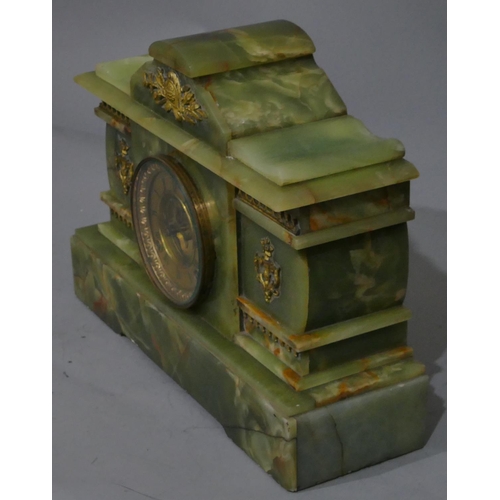 774 - An Ansonia 8-day striking green onyx mantel clock with raised gilt metal mounts, gilt dial with visi... 