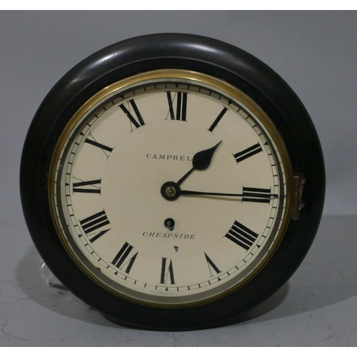 775 - Campbell, Cheapside, 19th Century ebonised round hanging fusee wall clock with white painted dial an... 