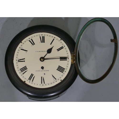 775 - Campbell, Cheapside, 19th Century ebonised round hanging fusee wall clock with white painted dial an... 