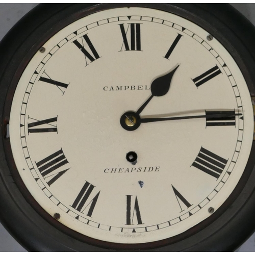 775 - Campbell, Cheapside, 19th Century ebonised round hanging fusee wall clock with white painted dial an... 