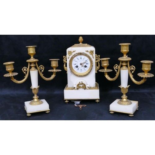 778 - A Vincenti white marble and gilt metal 8-day striking clock garniture with acorn motif, white enamel... 