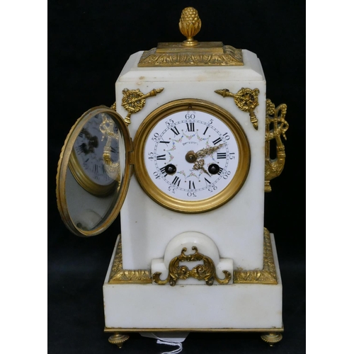 778 - A Vincenti white marble and gilt metal 8-day striking clock garniture with acorn motif, white enamel... 