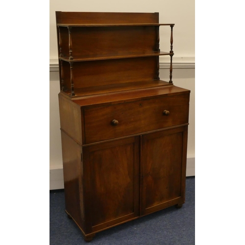 786 - A 19th Century mahogany secretaire chiffonier with shelfed top and turned supports, fitted secretair... 