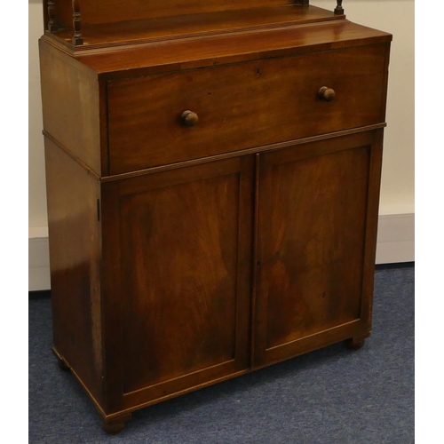 786 - A 19th Century mahogany secretaire chiffonier with shelfed top and turned supports, fitted secretair... 