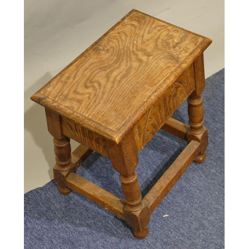 791 - An oak rectangular shaped stool with hinged seat, carved frieze on round turned legs with stretchers... 