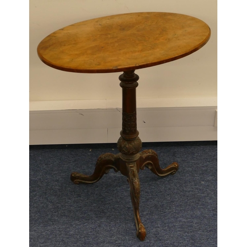 795 - A Victorian burr walnut oval occasion table on turned stem with 3 splayed legs and carved decoration... 