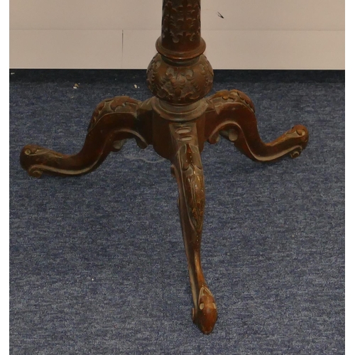 795 - A Victorian burr walnut oval occasion table on turned stem with 3 splayed legs and carved decoration... 