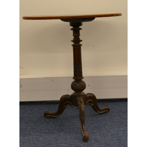 795 - A Victorian burr walnut oval occasion table on turned stem with 3 splayed legs and carved decoration... 