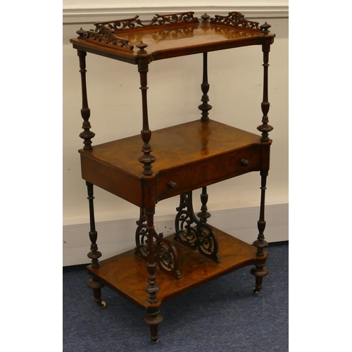 798 - A Victorian burr walnut 3-tier whatnot with carved, pierced gallery, turned finials and reeded suppo... 