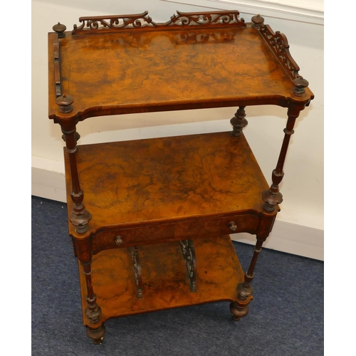 798 - A Victorian burr walnut 3-tier whatnot with carved, pierced gallery, turned finials and reeded suppo... 