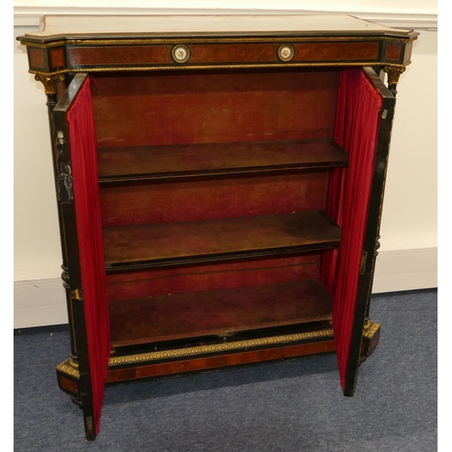 799 - A Victorian ebonised and burr walnut pier cabinet with 2 china panels and allover gilt metal mounts,... 