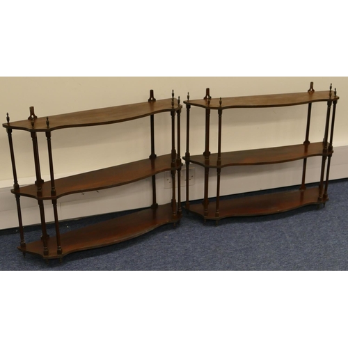 801 - A pair of mahogany 3-tier hanging open book shelves with turned supports, reeded shelves, gilt metal... 