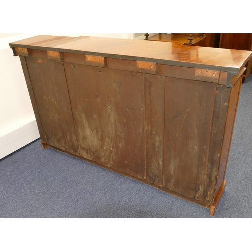 807 - A 19th Century burr maplewood break front low sideboard with carved scroll mounts, centre brass fret... 