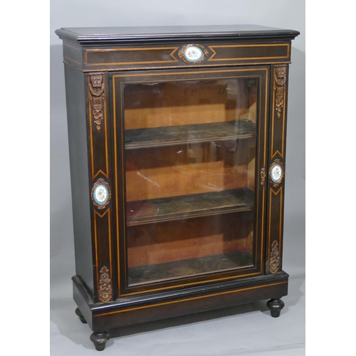 809 - A 19th Century ebonised pier cabinet with 3 porcelain floral panels and allover inlaid banding, cent... 