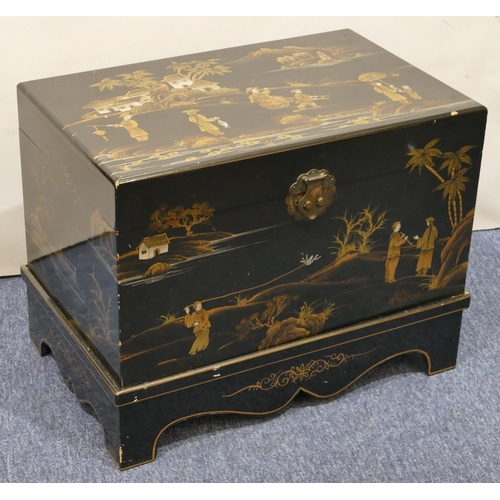 813 - A good quality reproduction Oriental black lacquered rectangular shaped small trunk on black ground ... 