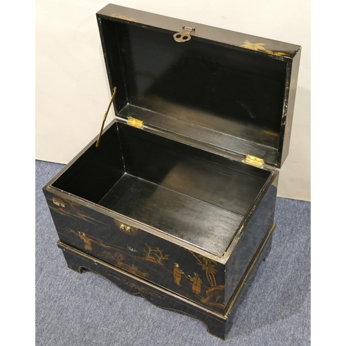 813 - A good quality reproduction Oriental black lacquered rectangular shaped small trunk on black ground ... 