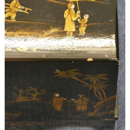 813 - A good quality reproduction Oriental black lacquered rectangular shaped small trunk on black ground ... 