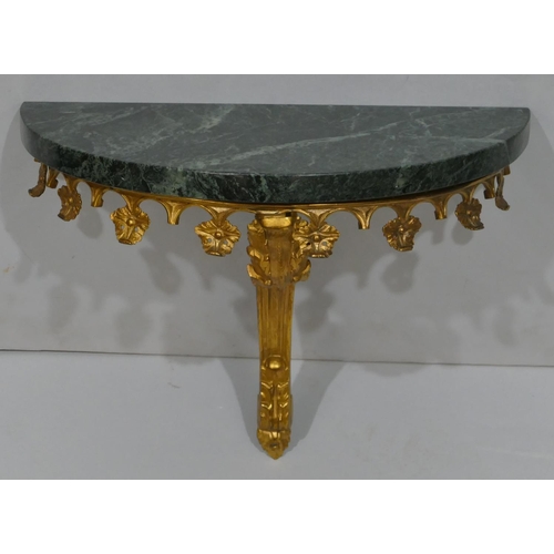 819 - An ormolu and green granite marble D-end small wall mounted console table, raised leaf and scroll de... 