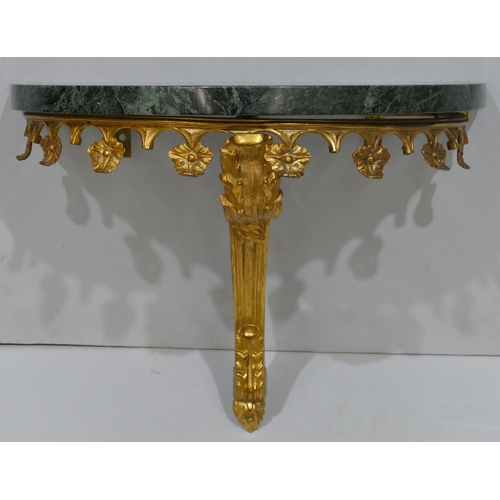 819 - An ormolu and green granite marble D-end small wall mounted console table, raised leaf and scroll de... 