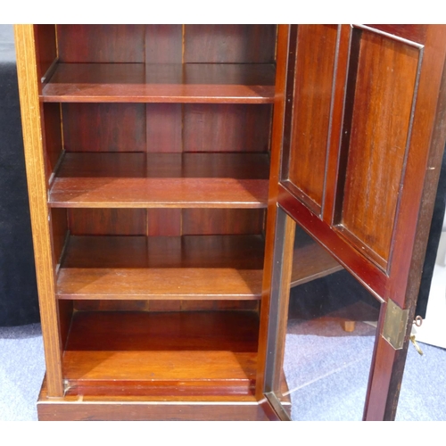 821 - An Edwardian mahogany music cabinet with allover inlaid banding and stringing, lipped back, single t... 