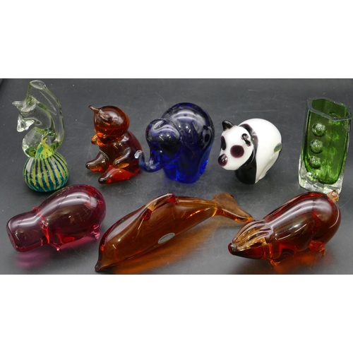 94 - 6 various Wedgwood coloured glass paperweights in form of elephant, panda, hippopotamus, dolphin, a ... 