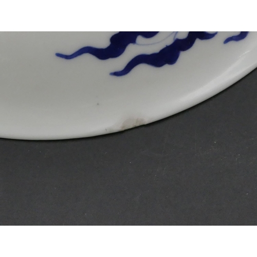 97 - An Oriental blue and white round plate with carp decoration, 24.2cm diameter (slight chip to rim).