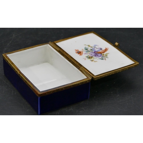 98 - A porcelain Limoges style rectangular shaped box on blue ground with gilt mounts and circular panel ... 