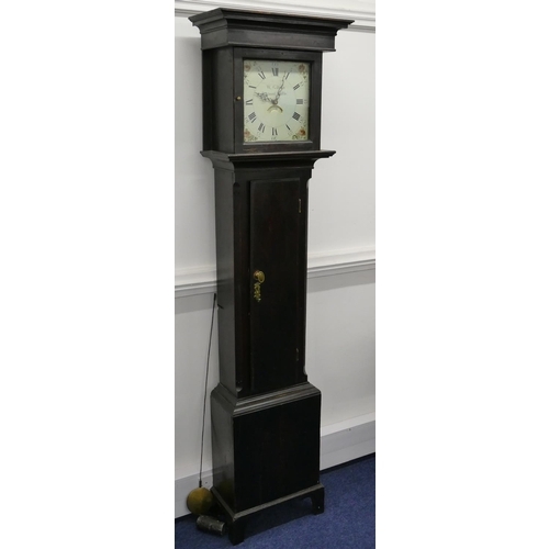 768 - A 19th Century 30 hour longcase clock with painted square dial with calendar, painted floral and lea... 