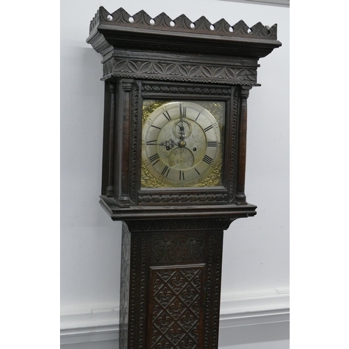 769 - Joseph Mew, Blandford 8-day striking longcase clock with allover carved Prince of Wales feather, flo... 