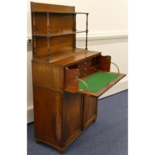 786 - A 19th Century mahogany secretaire chiffonier with shelfed top and turned supports, fitted secretair... 