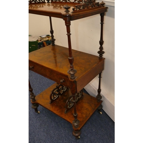 798 - A Victorian burr walnut 3-tier whatnot with carved, pierced gallery, turned finials and reeded suppo... 