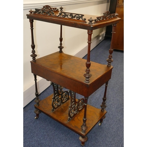 798 - A Victorian burr walnut 3-tier whatnot with carved, pierced gallery, turned finials and reeded suppo... 