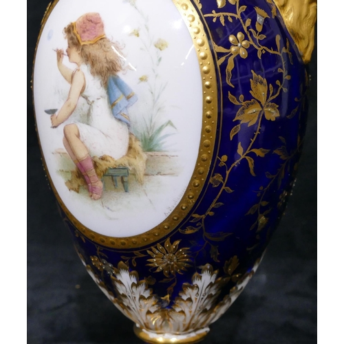 105 - Antonin Boullemier, Mintons ewer on white and blue ground, depicting panel of young seated girl blow... 