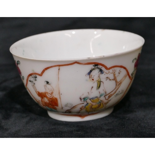 108 - An Oriental tea bowl on white ground with multi-coloured figure, floral and leaf decoration, 7.5cm d... 