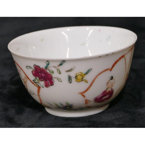 108 - An Oriental tea bowl on white ground with multi-coloured figure, floral and leaf decoration, 7.5cm d... 