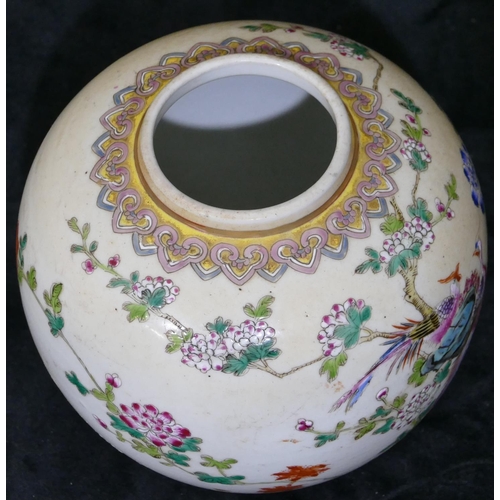 109 - An Oriental round bulbous shaped ginger jar on white ground with multi-coloured bird, branch and flo... 