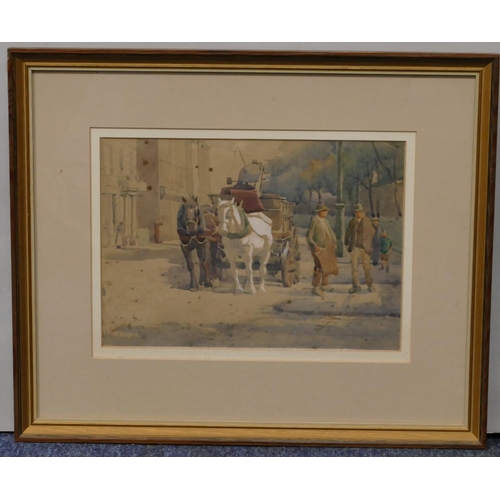 132 - A watercolour depicting figures standing next to a horse drawn cart, unsigned, in gilt frame (foxing... 