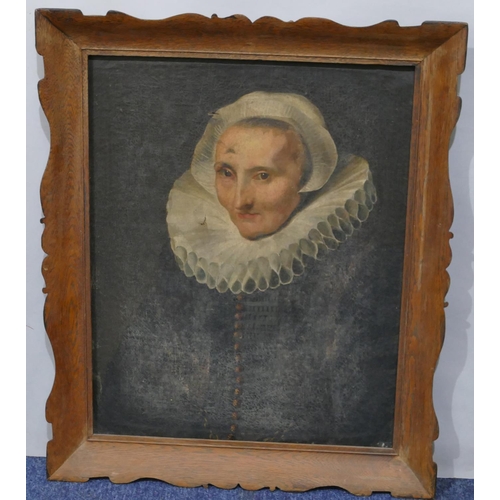 134 - An 18/19th Century oil on canvas shoulder length portrait of a lady in oak frame (2 slits to canvas ...